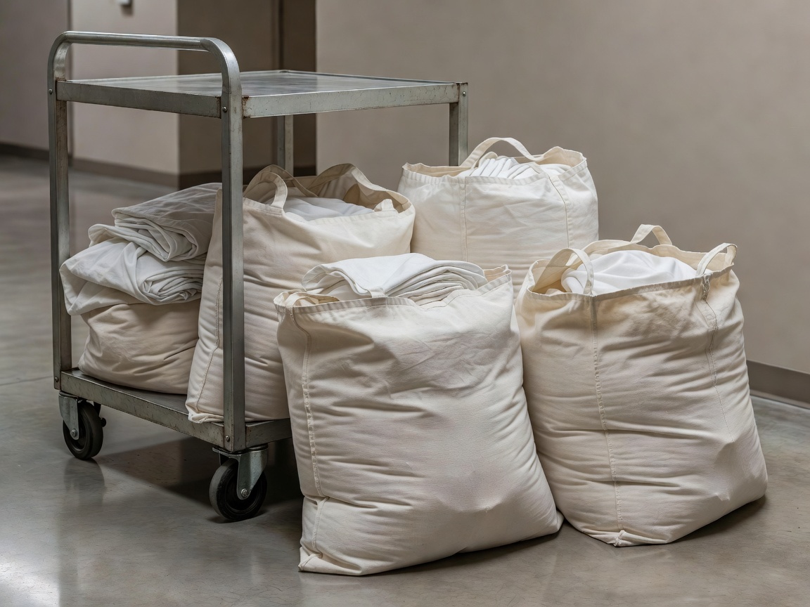 Three-dimensional render of hotel linen bags separated beside a receiving cart