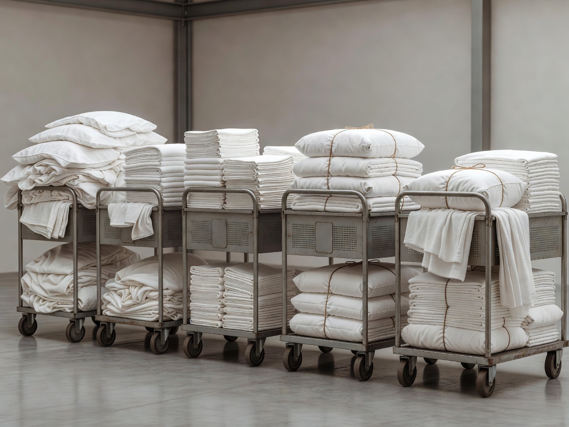 Soft-lit render of linen bundles and carts arranged as successive laundry workflow stages