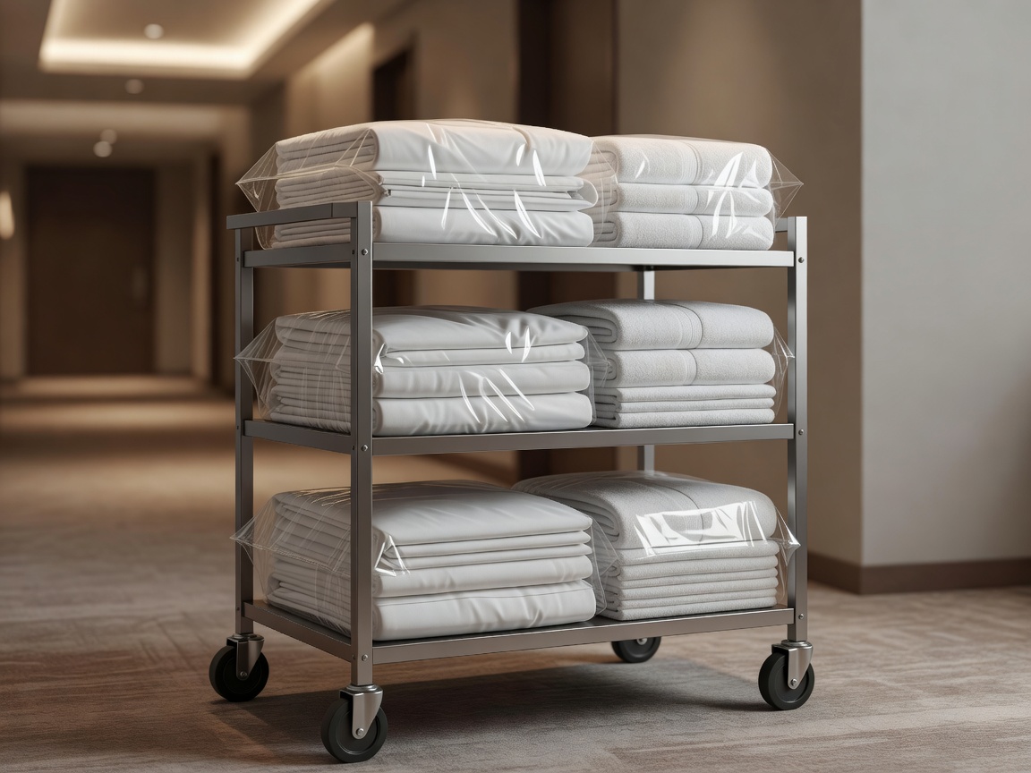 Soft-lit render of protected folded bed linen and towels on a hotel distribution cart