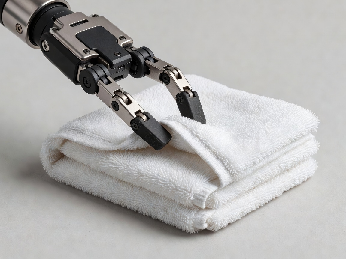 Soft-lit three-dimensional render of a robotic gripper holding the edge of a white towel